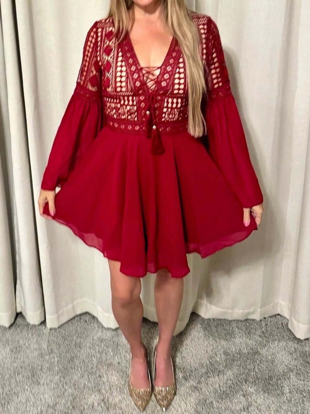 Two Sisters Lace Mini Dress in Red Size Medium NWT